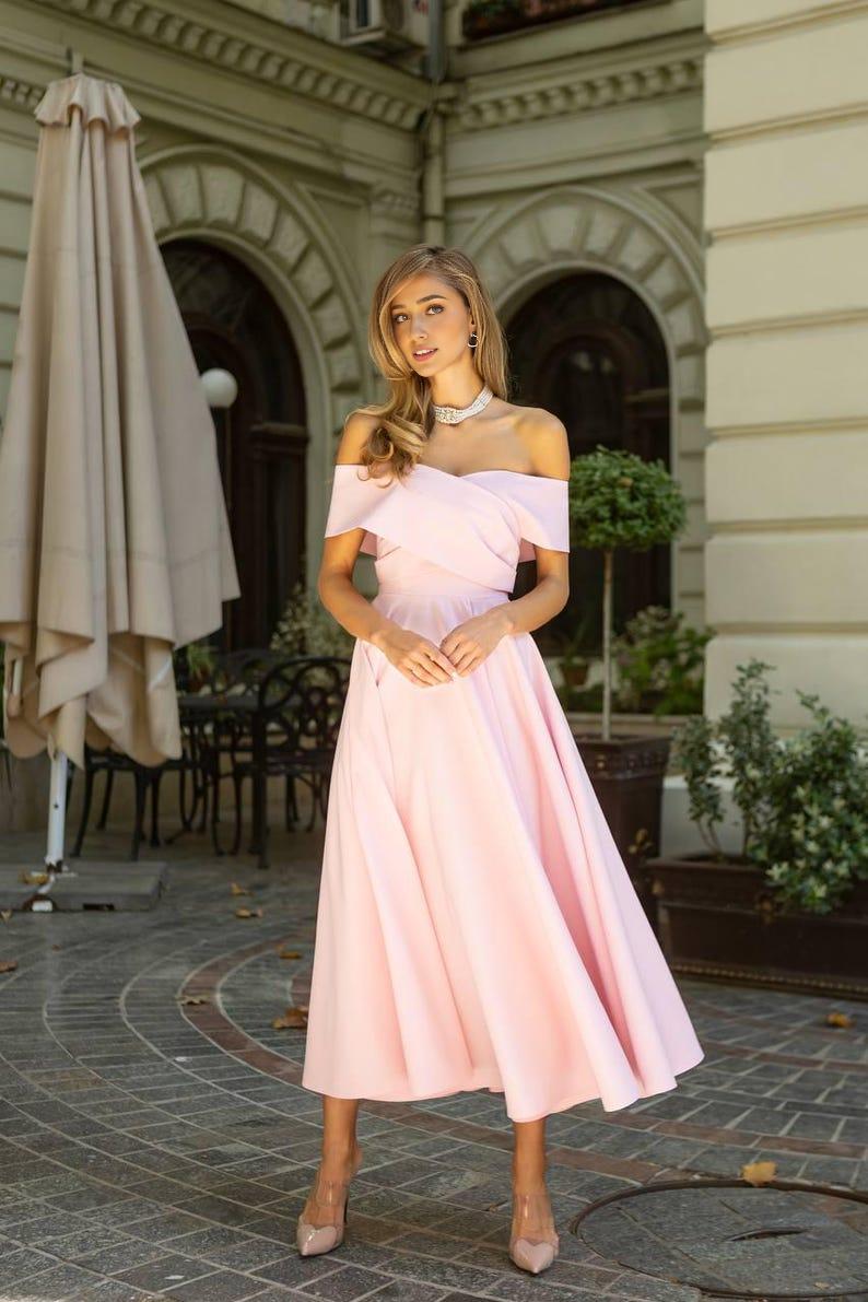 Pink Wedding Guest Dress Pink Cocktail Elegant Midi Dress Open Shoulder